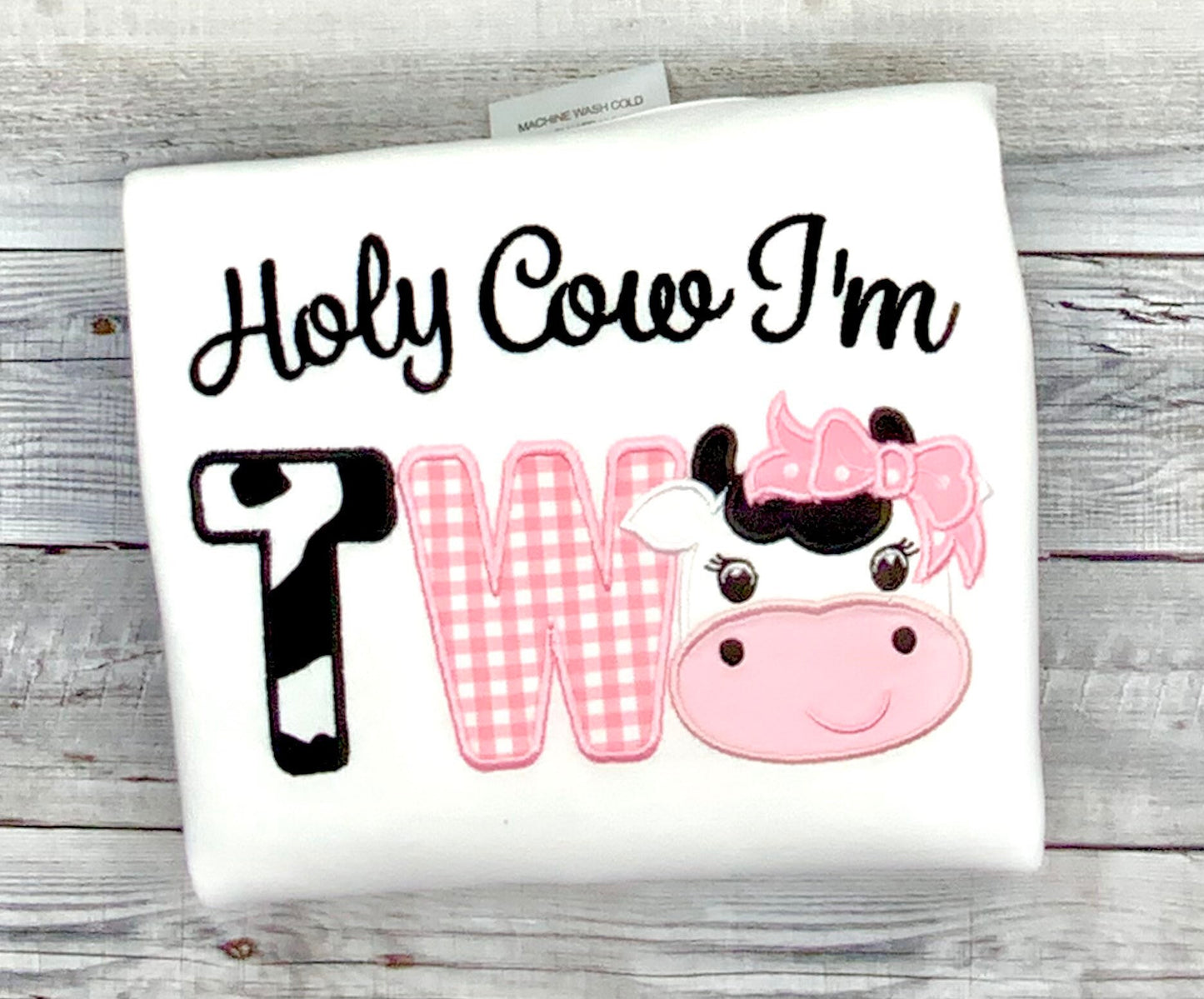 Holy Cow I'm TWO Birthday Shirt Girls Cow Embroidered Farm Animal Party Tee Age One or Two