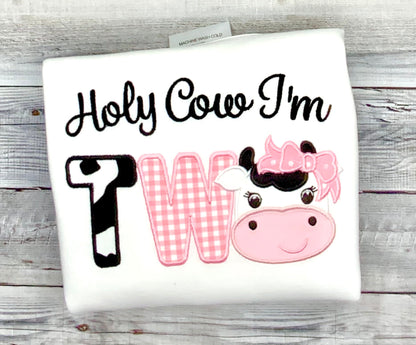 Holy Cow I'm TWO Birthday Shirt Girls Cow Embroidered Farm Animal Party Tee Age One or Two