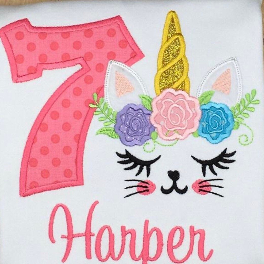 Girls Cat Birthday Party Shirt, Caticorn Birthday Shirt, Embroidered Unicat Birthday Shirt Age 1 2 3 4 5 6 7 8 9