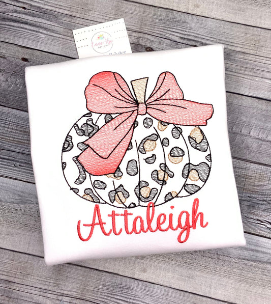 Girls Fall Thanksgiving Leopard Print Pumpkin with Bow Sketch Embroidered shirt Personalized