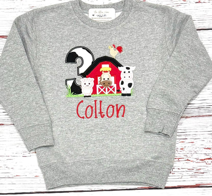 Barnyard Farm SWEATSHIRT Animal 3rd Birthday Party Embroidered Shirt For Boys or Girls age 1 2 3 4 5 6 7 8 9