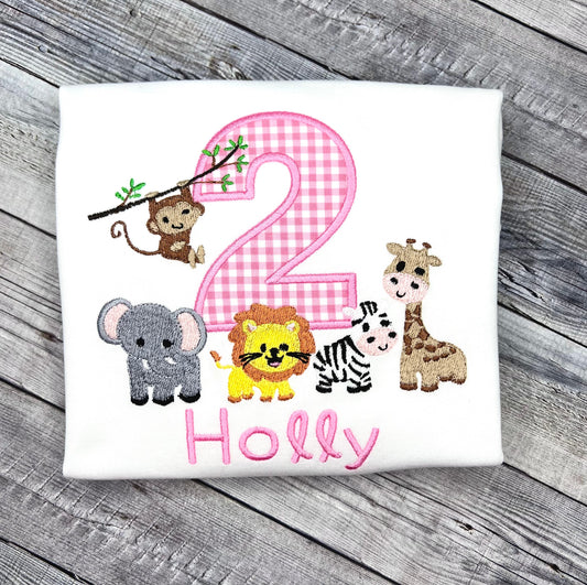 Zoo Animals Birthday Shirt for Girl Toddler Jungle Party Tshirt with Lions, Giraffes & Elephants, Birthday Outfit Gift