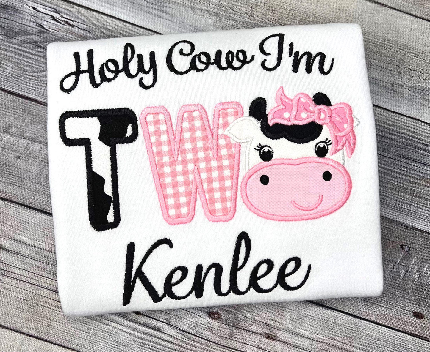 Holy Cow I'm TWO Birthday Shirt Girls Cow Embroidered Farm Animal Party Tee Age One or Two