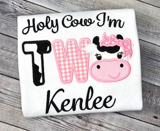 Holy Cow I'm TWO Birthday Shirt Girls Cow Embroidered Farm Animal Party Tee Age One or Two