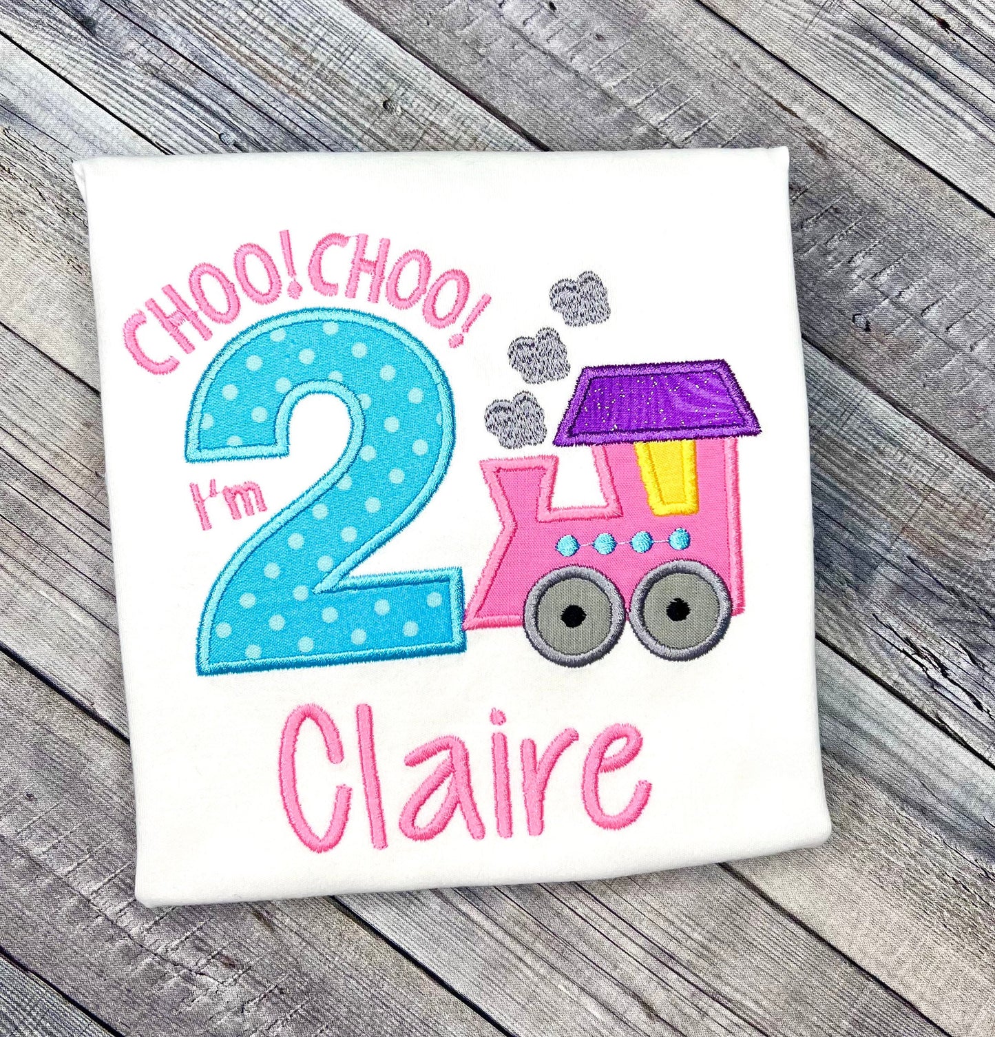 Girls Choo Choo I'm 2  Embroidered Personalized Birthday Shirt – Custom Age Toddler Party Train 2nd Birthday TShirt Party Gift