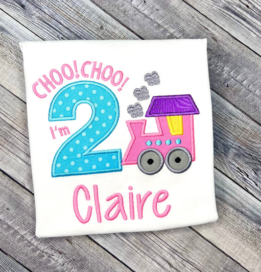 Girls Choo Choo I'm 2  Embroidered Personalized Birthday Shirt – Custom Age Toddler Party Train 2nd Birthday TShirt Party Gift