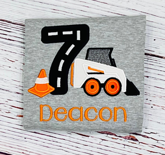 Skid Steer Birthday Shirt Embroidered Construction Digger Party Tee for Ages 1-9 White Kids Gift