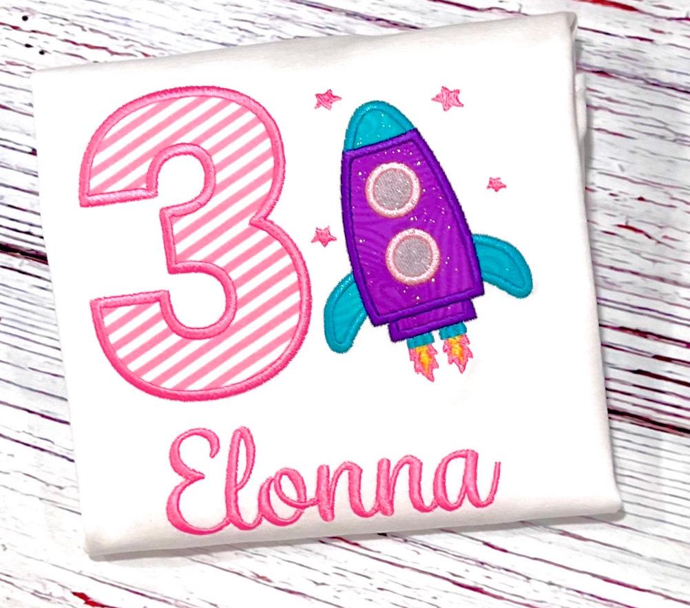Girls Rocket Birthday Shirt or Romper, Personalized Embroidered Spacecraft Outfit for Boys & Girls Party Tshirt