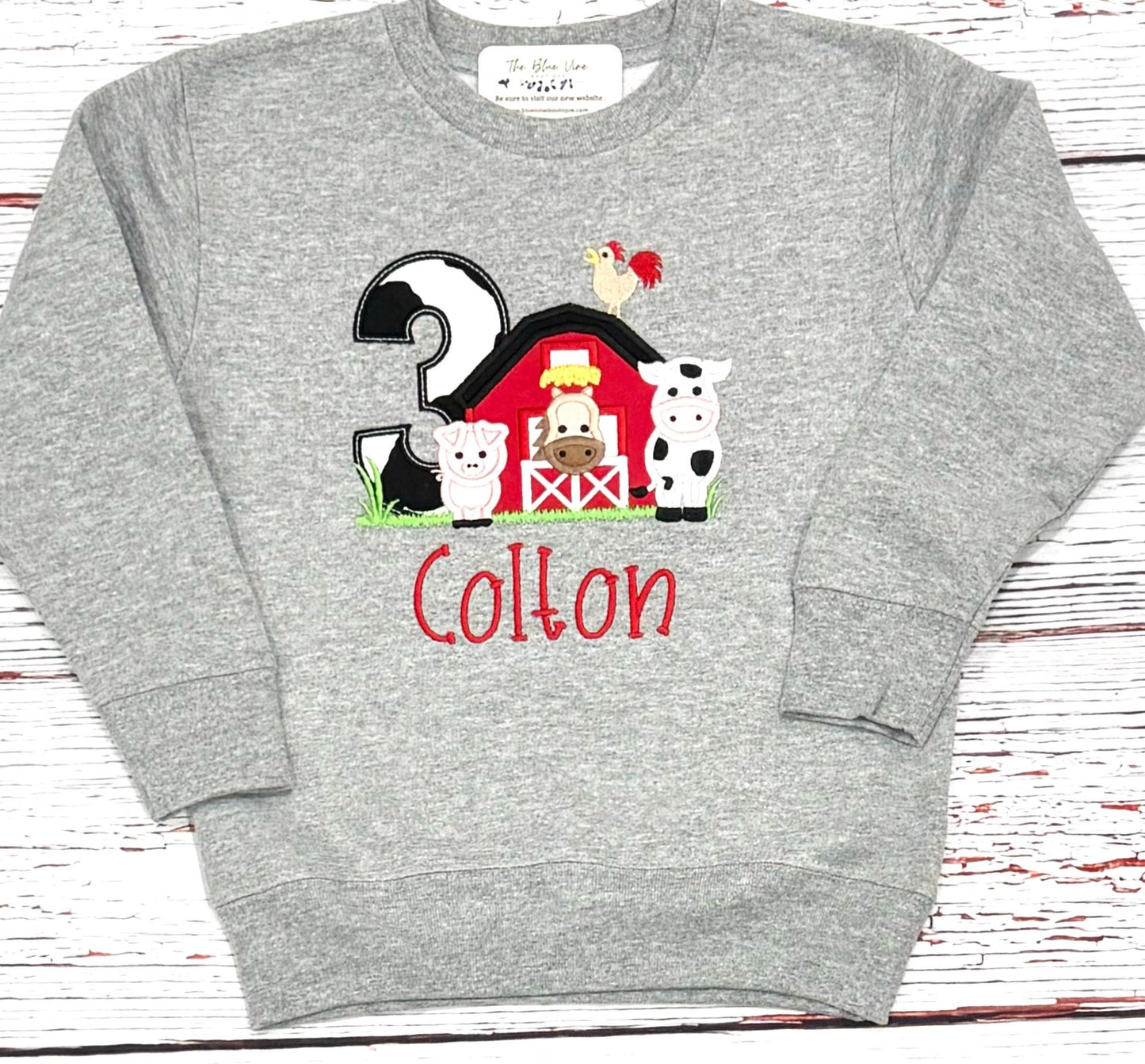 Barnyard Farm SWEATSHIRT Animal 3rd Birthday Party Embroidered Shirt For Boys or Girls age 1 2 3 4 5 6 7 8 9