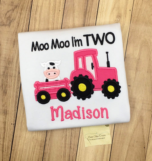 Embroidered Girls Moo Moo I'm TWO Shirt, Cow Birthday Shirt, Tractor Birthday, Second Birthday Outfit, Cow Bodysuit