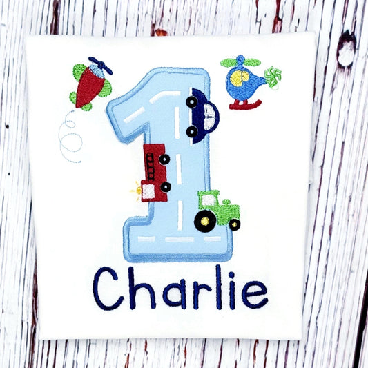Personalized Transportation 1st Birthday Shirt, Embroidered , Helicopter, Airplane, Tractor, Firetruck, Car Tshirt,