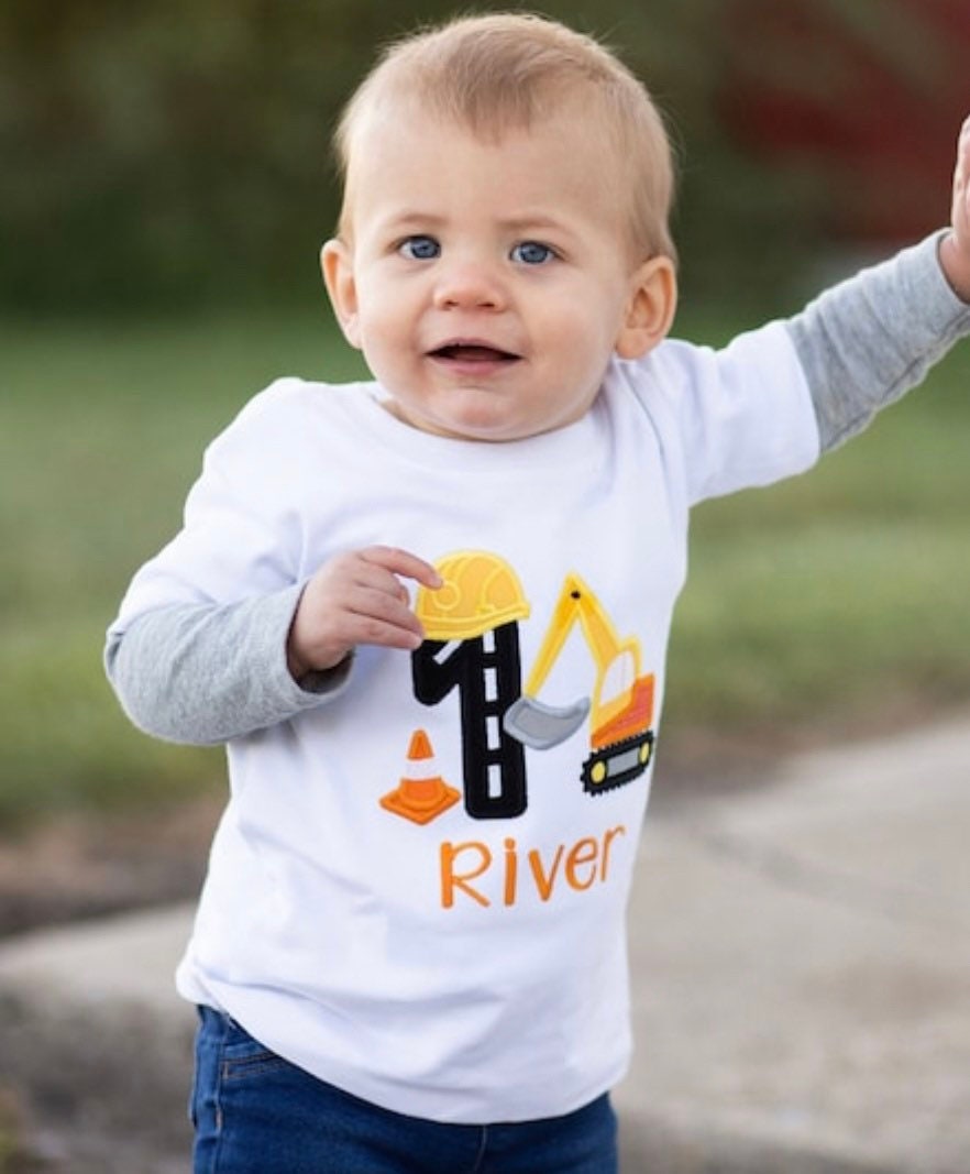 Excavator 1st Birthday Shirt Embroidered Construction Personalized Tshirt for Boys & Girls Fun Party Gift