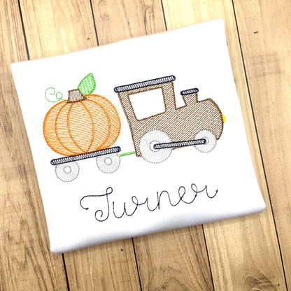 Embroidered Train Pulling Pumpkin Fall Thanksgiving Shirt Boys Fall Party Shirt