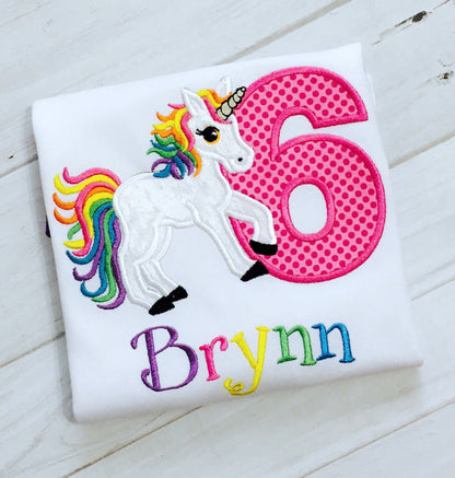 Unicorn Birthday Shirt for Girls – Rainbow Embroidered Party Tee, Any Age, Cute Magical Outfit