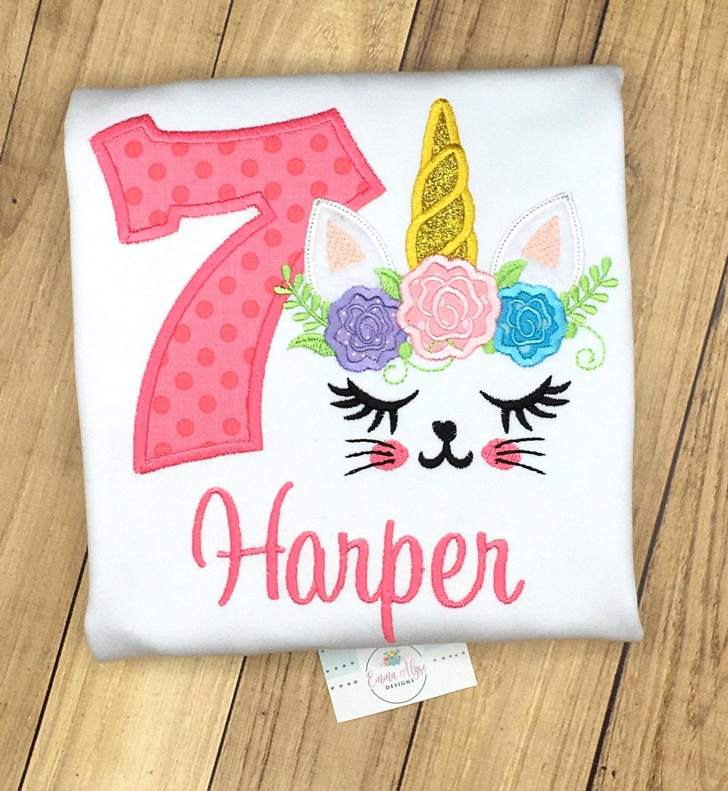 Girls Cat Birthday Party Shirt, Caticorn Birthday Shirt, Embroidered Unicat Birthday Shirt Age 1 2 3 4 5 6 7 8 9