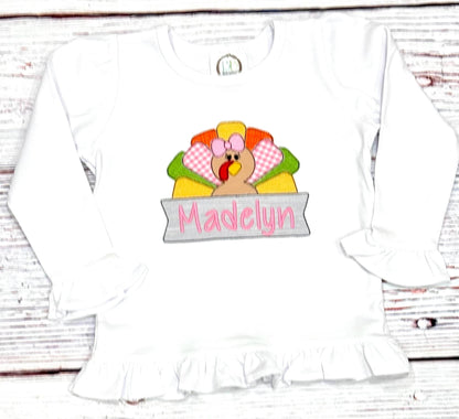 Girls Thanksgiving Turkey Fall Personalized Embroidery Appliqued Shirt