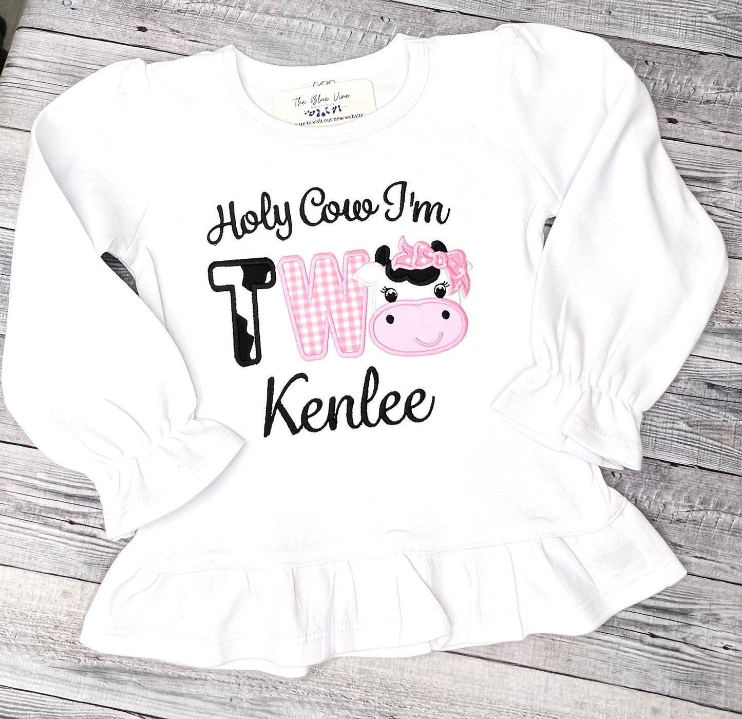 Holy Cow I'm TWO Birthday Shirt Girls Cow Embroidered Farm Animal Party Tee Age One or Two