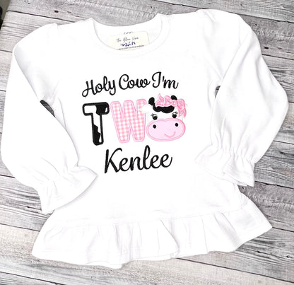 Holy Cow I'm TWO Birthday Shirt Girls Cow Embroidered Farm Animal Party Tee Age One or Two