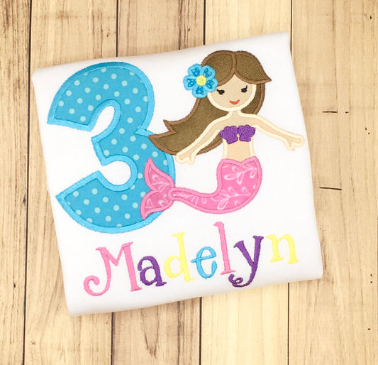 Mermaid Birthday Tee for Girls - Personalized Girls Party Shirt with Custom Hair Color & Numbers 1-9