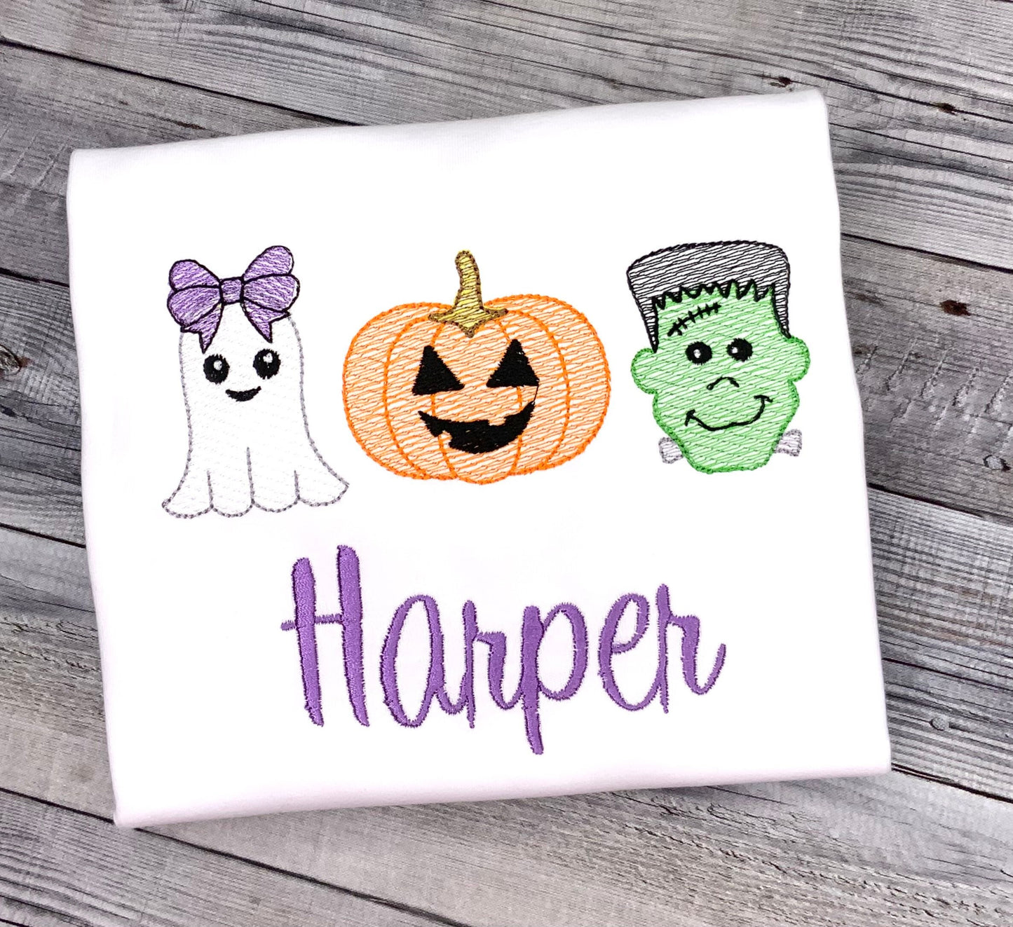 Girl Halloween Shirt - Embroidered Pumpkin, Witch Hat and  Ghost Shirt , Jack O Lantern, Halloween Sketch Embroidered Tshirt