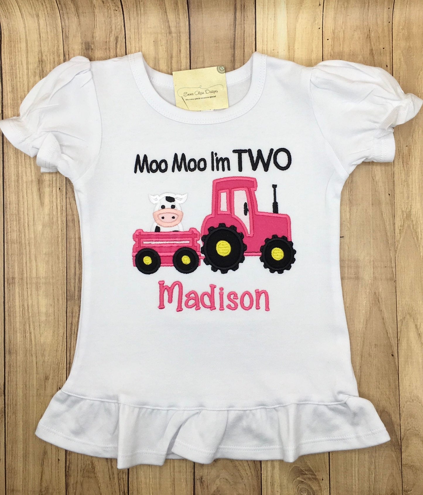 Embroidered Girls Moo Moo I'm TWO Shirt, Cow Birthday Shirt, Tractor Birthday, Second Birthday Outfit, Cow Bodysuit