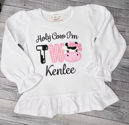 Holy Cow I'm TWO Birthday Shirt Girls Cow Embroidered Farm Animal Party Tee Age One or Two