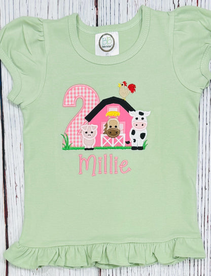 Girls Farm Birthday Shirt Pink Barnyard Tee, Custom Color & Any Age Girls Farm Animal Outfit