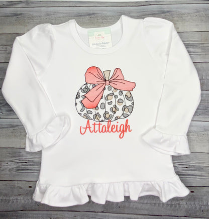 Girls Fall Thanksgiving Leopard Print Pumpkin with Bow Sketch Embroidered shirt Personalized