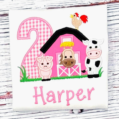 Girls Farm Birthday Shirt Pink Barnyard Tee, Custom Color & Any Age Girls Farm Animal Outfit