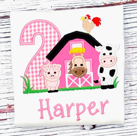 Girls Farm Birthday Shirt Pink Barnyard Tee, Custom Color & Any Age Girls Farm Animal Outfit