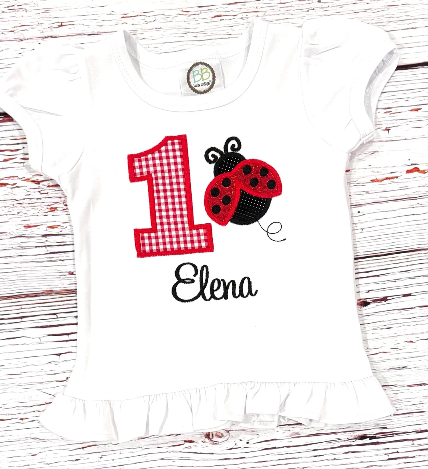 Ladybug 4th Birthday Outfit or Shirt, Shorts optional, First Birthday Girl Clothes Red White Gingham Short Ruffle Embroidery Personalized