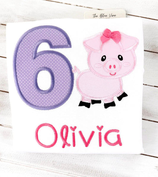 Embroidered Girls Pig  Birthday Shirt | girls pig 4thnbirthday shirt | Girls Farm Birthday Shirt | Any age