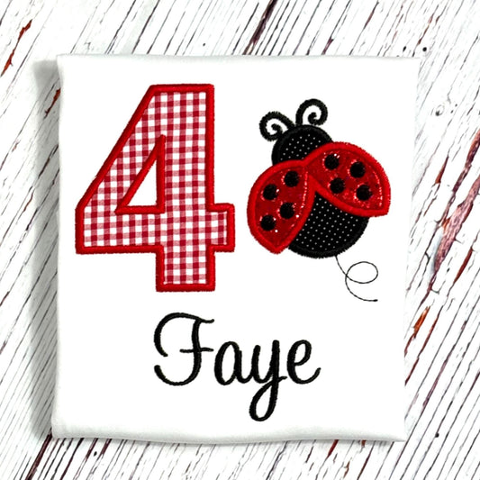 Ladybug 4th Birthday Outfit or Shirt, Shorts optional, First Birthday Girl Clothes Red White Gingham Short Ruffle Embroidery Personalized