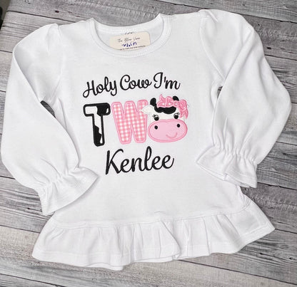 Holy Cow I'm TWO Birthday Shirt Girls Cow Embroidered Farm Animal Party Tee Age One or Two