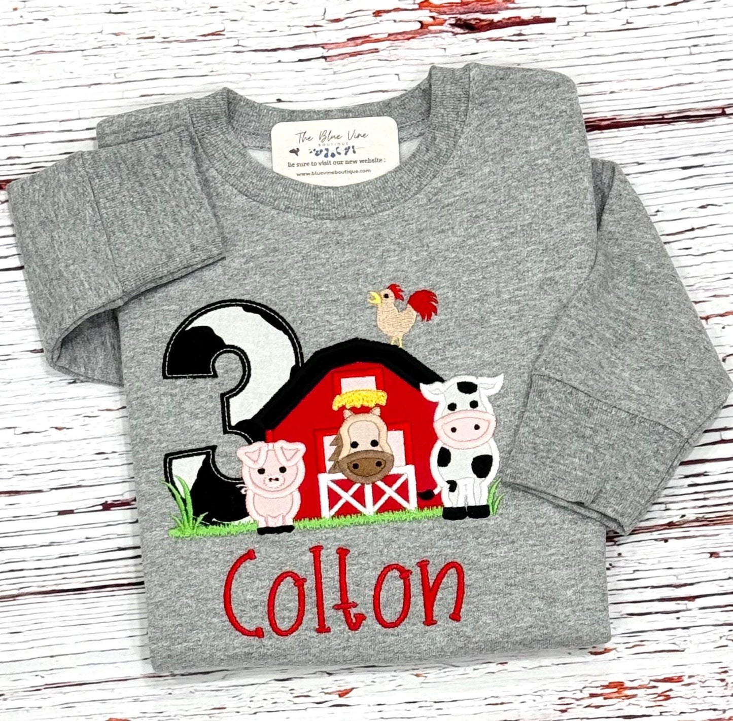 Barnyard Farm SWEATSHIRT Animal 3rd Birthday Party Embroidered Shirt For Boys or Girls age 1 2 3 4 5 6 7 8 9